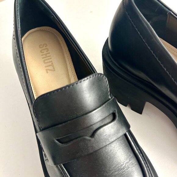 NWOB Schutz Black Leather Viola Tractor Slip-On Platform Penny Loafer Chunky Lug - Picture 3 of 14